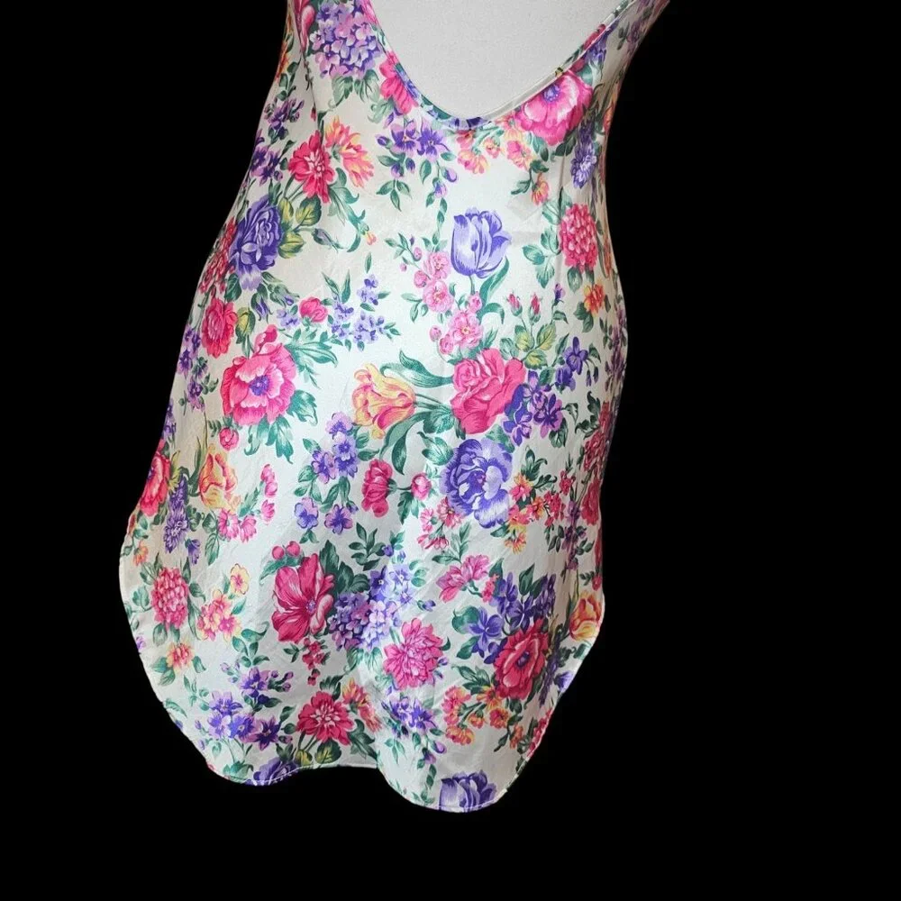 90s Satin White‎ Floral Mini Slip Dress Pink Purple Size S Small Low Back Short - Picture 7 of 11